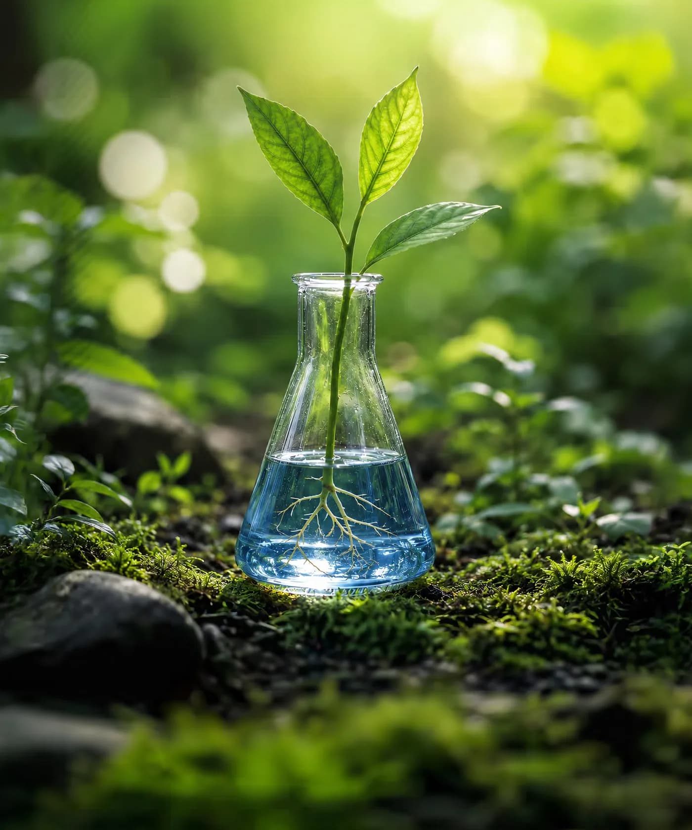 Glass flask holding a plant sprout, standing among moss